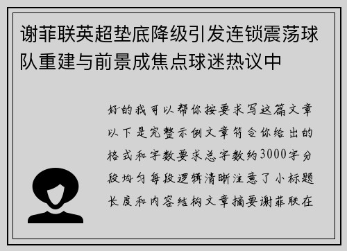 谢菲联英超垫底降级引发连锁震荡球队重建与前景成焦点球迷热议中