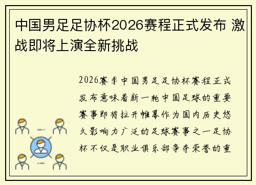 中国男足足协杯2026赛程正式发布 激战即将上演全新挑战