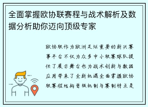 全面掌握欧协联赛程与战术解析及数据分析助你迈向顶级专家 全面掌握欧协联赛程与战术解析及数据分析助你迈向顶级专家